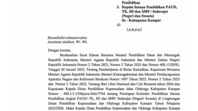 Disdikpora Kampar Resmi Terbitkan Surat Edaran Pengaturan Kegiatan Pembelajaran Selama Ramadhan